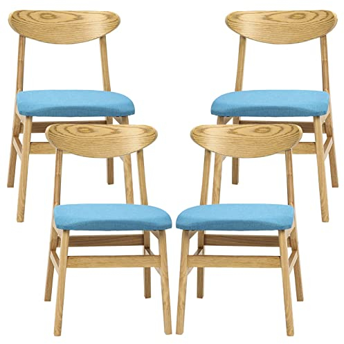 Hocker Set mit 4 Massivholzstühlen Home Kitchen Counter Restaurant Barhocker mit Rückenlehne und Baumwoll-Leinen-Kissen, Höhe 44 cm (Farbe:Blau) Interesting