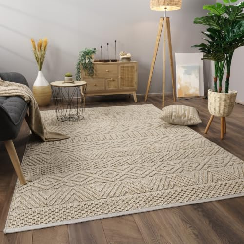 Paco Home Teppich Wohnzimmer Schlafzimmer Kurzflor Skandinavisches Boho Muster Geometrische Optik Einfarbig Moderne Deko, Grösse:240x340 cm, Farbe:Creme