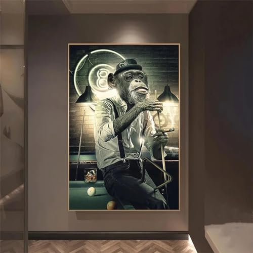 Abstrakter lustiger Affe, der Billard spielt, Schimpanse, Tierkunst, Poster, Leinwandgemälde, Dekor, mit goldenem Rahmen, fertig zum Aufhängen, Bild, 70 x 100 cm, gerahmt