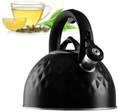 KADAX Bollitore in acciaio inox, bollitore smaltato con manico, bollitore per tè, bollitore retrò per tutti i piani cottura, bollitore per tè, bollitore a fischio, bollitore a pipa (nero 2,5 L)