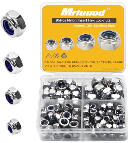 M8 M6 M5 M4 Locknuts Assortment Kit 95PCS Metric M4x0.7mm M5x0.8mm M6x1.0mm M8x1.25mm 304 Stainless Steel Self-Locking Nylon Insert Right Hand