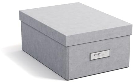 BIGSO KARIN kleine Aufbewahrungsbox mit Deckel – stabiler Organizer aus Faserplatte und Papier in Leinenoptik – praktische Faltbox mit Etikettenrahmen für extra Stauraum – hellgrau