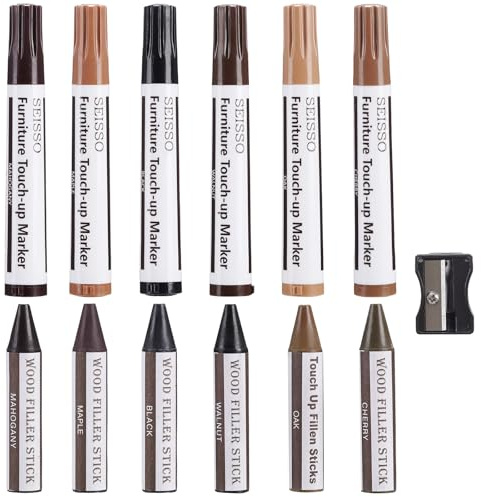 SEISSO Kit Riparazione Legno con Temperamatite,6 Colori Pennarello per Legno e Riparazione Legno Cera Stick per Rimuovere Graffi，Ammaccature e Fori dai Mobili in Legno(13 pezzi)