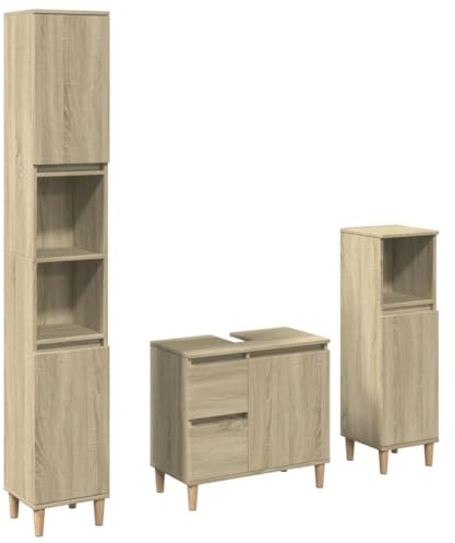 vidaXL 3-TLG. Badmöbel-Set Sonoma-Eiche Holzwerkstoff, Badmöbelset, Badezimmerschrank, Badezimmer Hochschrank, Badmöbel, Badezimmer Unterschrank