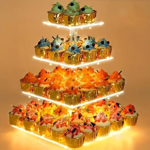 Quadratischer Cupcake Ständer aus Acryl - 4 Etagen Groß mit LED Licht für Hochzeiten, Geburtstage und Partys
