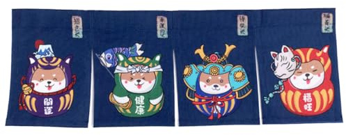 CoolChange Japanischer Türvorhang | 85x30cm | Tür Noren aus Stoff (Blau, 85x30cm, Daruma mit Shiba Inu)