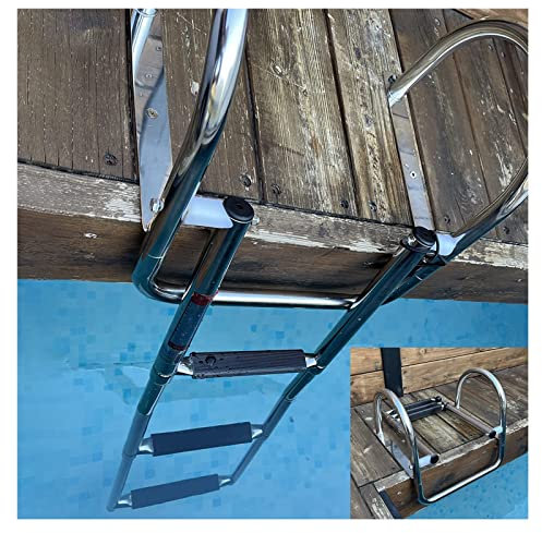 DOCOXA Scala telescopica a 3 gradini per pontile per Barche da Piscina, scalette Pieghevoli telescopiche Posteriori per pontili pontone con Maniglia e Pedale Largo, scaletta per Ponte da