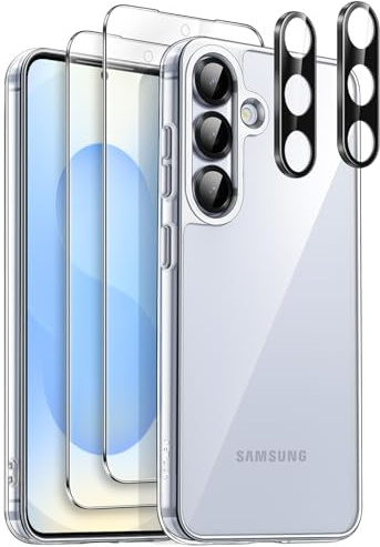 JETech 5 i 1 Skal för Samsung Galaxy S25, Anti-Gulning, Klar | 2 Skärmskydd av Härdat Glas, 2 Kameralinsskydd, Stötsäker Bumper Fodral