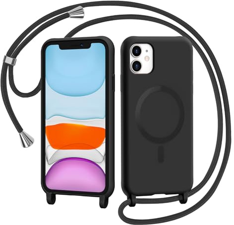 AOMYKE Handyband für iPhone 11 Hülle mit Band, Magnetisch Handyhülle kompatibel mit Magsafe zum Umhängen Schutzhülle mit Kette Kordel Weich TPU Liquid Silikon Case，Schwarz