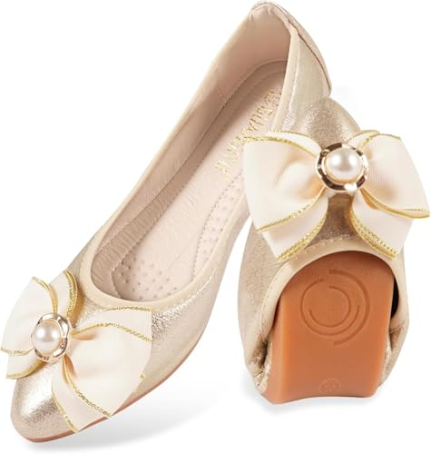 Suncadmious Ballerines pliables pour femmes, chaussures à fond souple à bouche peu profonde, sangle à nœud à la mode, bout pointu, chaussures habillées confortables et légères (41,Or)