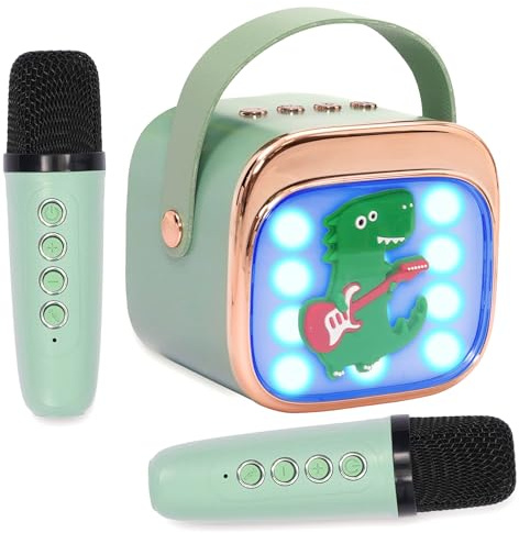 Karaoke Maschine Kinder mit 2 Mikrofon Kinder,Tragbarer Karaoke Mikrofon Kinder,Mini Microphone mit Stimmeffekten für Kinder und Erwachsene,Spielzeug ab 3-12 Jahre,Grün(Dinosaurier)