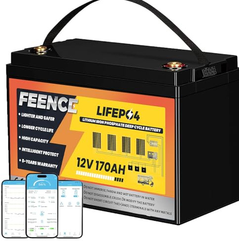 FEENCE LiFePO4 Bluetooth 12.8V 170Ah Lithium Batterie, Autobatterie 150A BMS über 15000 Mal Tiefzyklus Lithium Akku 2176W Abschaltschutz bei Niedriger Temperatur für Wohnmobil, Camping, Boot, Solare