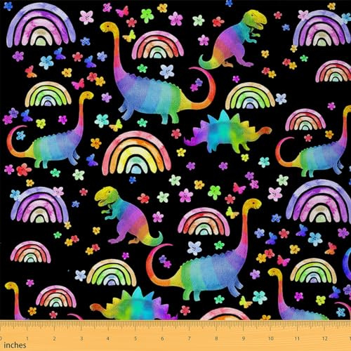Loussiesd Bunte Dino Regenbogen Stoff 92x150cm Dschungel Dinosaurier Regenbogen Patchwork Stoffe für Jungen Kawaii Sterne Regenbogen StoffMeterware