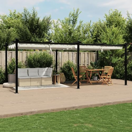 IKAYAA Pérgola de Jardín con Techo Retráctil, Pérgola de Aluminio 6x3 m, Cenador de Jardín, Poliéster Resistente al Agua y a UV para Patio Terraza Exterior Crema