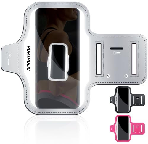 PORTHOLIC 2025 Brassard Sport Anti-Sueur avec Porte-Téléphone, Sangle Extensible et Porte-Cartes pour Smartphones jusqu'à 6,9. Compatible iPhone 17/16/15/14/13/11/XR/XS, Galaxy S25/24/S10
