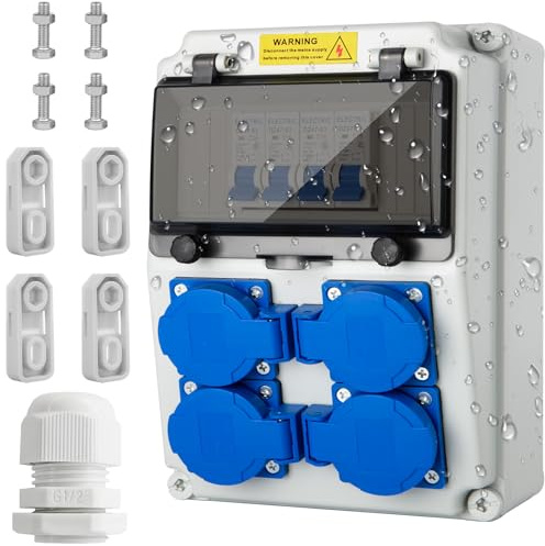 Baustromverteiler16A - IP67 Wasserdicht Stromverteiler mit FI Schalter Verteiler 4 Steckdosen, für Drinnen und Draußen Baustromverteile, Werkstätten und Fabriken
