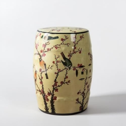 Onipig Hand-Painted Floral Bird Ceramic Drum Stool - Oriental Artistry Storage Ottoman, Accent Seat, End Table (Melody Among The Plum Blossoms)