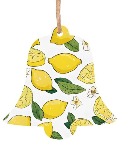 (Yellow Lemons) Printed Christmas Hanging Decorations Xmas Tree Bell Shape Ornaments Holiday Party Decorations 6 PCS