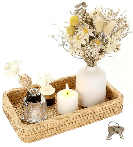 lrgnixs Rattan Key Tray,Small Wicker Tray for Storage,Decorative Tray for Coffee Table,Wooden Trays for Display,Storage Trays for Keys Vanity Candle Ornament Perfume