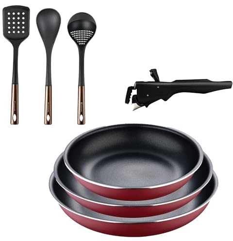 Bergner Click&Cook juego de 3 Sartenes Ø18Ø20Ø24cm Aluminio prensado rojo con Mango extraíble+ Set de 3 Utensilios de cocina de PBT negro y cobre