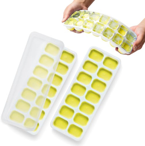 KEPLIN 2pk Silicone Ice Cube Trays with Non-Spill Lids, Easy to Remove Tray, LFGB Certified BPA Free, Flexible Silicone Ice Cube Moulds, Parties, Drinks, Cocktails & Frozen Liquids (Yellow)