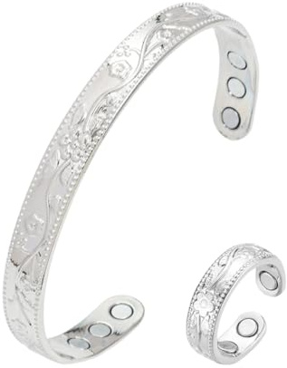 PBAHAUP 2 Anillo y Pulsera Magnéticos para Mujeres, Plata 925 Ajustable con Imanes Potentes, Diseño Flor para Bienestar Natural, Plata Pura para Mujeres