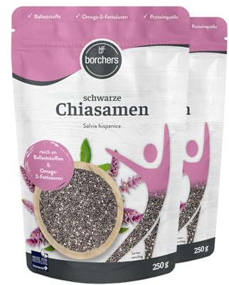 BORCHERS Chiasamen schwarz, 2x 250g, Hohe Quellfähigkeit, ballaststoffreich, Proteinquelle, Omega-3-Fettsäuren, zuckerarm, vegan, Ideal zum Toppen, Backen und Kochen