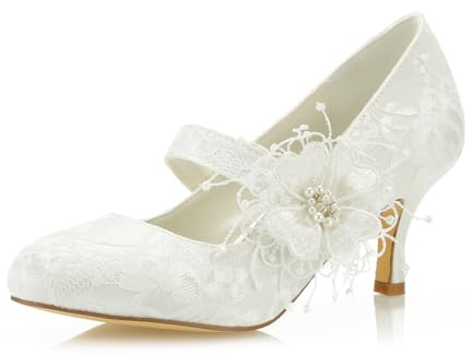 JIAJIA 586449B Women's Bridal Shoes Closed Toe 2.56 Stiletto He!el Lace Satin Pumps Satin Flower Imitation Wedding Shoes Colour Ivory,Size 5 UK/38 EU