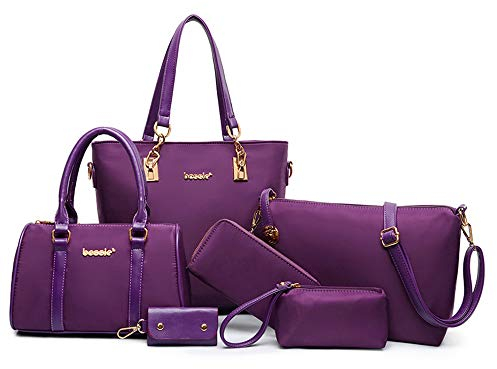 AlwaySky Nylon Damen Schultertasche Henkeltaschen Handtasche Tote Geldbörse Brieftasche Schlüsselfall Sechsteiliges Set lila