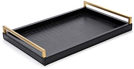 Large Leather Ottoman Serving Tray 45 x 30 cm with Brushed Gold Handles for Bars Party Dinner Modern Home Decor Bathroom (Black)