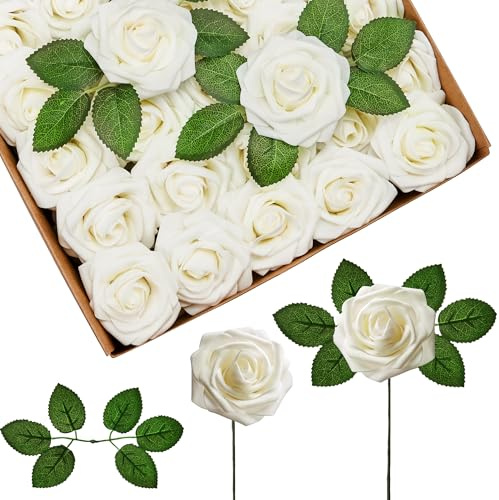 InnoGear Artificial Flowers, 50 Pcs Ivory White Foam Fake Roses Bulk with Stems for Mother's Gift Decoration DIY Wedding Bouquets Centerpieces Bridal Shower Party Christmas Tree