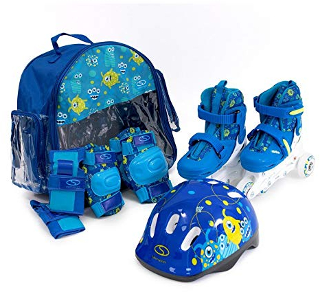 SMJ Kinder Set 2in1 Inliner Rollschuhe VERSTELLBAR Inline Skates mit LED Rollen + Schonerset + Helm + Tasche