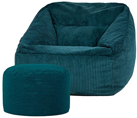 Icon Morgan Sitzsack Sessel mit Hocker für Erwachsene, Blaugrün, Flauschiger Cord Stoff, Riesen Sitzsack Cord mit Füllung, Bean Bag Chair, Bequemer Sessel Wohnzimmer, Lounge, Schlafzimmer, Büro