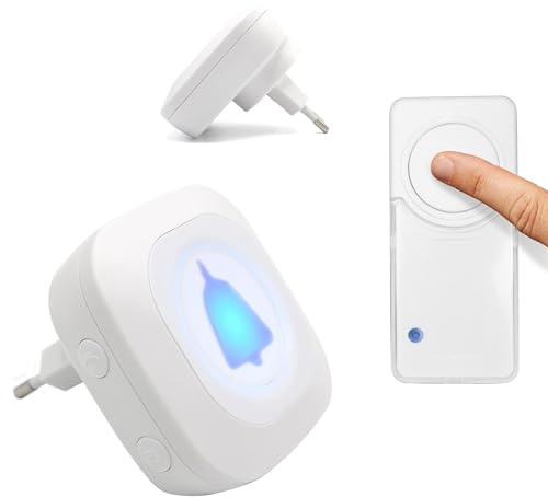 FISHTEC Sonnette Cinétique sans Fil & sans Piles – Receveur Secteur, Portée 100M, Résiste Aux Intempéries, Témoin Lumineux, 36 Mélodies, 4 Niveaux de Volume, Carillon Électronique – Blanc