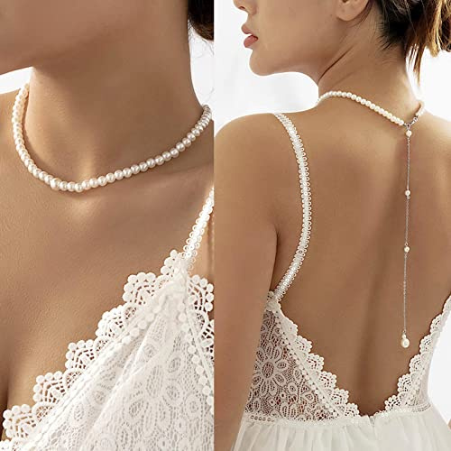 TseenYi Collier de Perle Vintage Toile de Fond de Mariée Goutte Collier Chaîne d'été Mariage Dos Nu Bijoux pour Femmes et Filles (Argent)