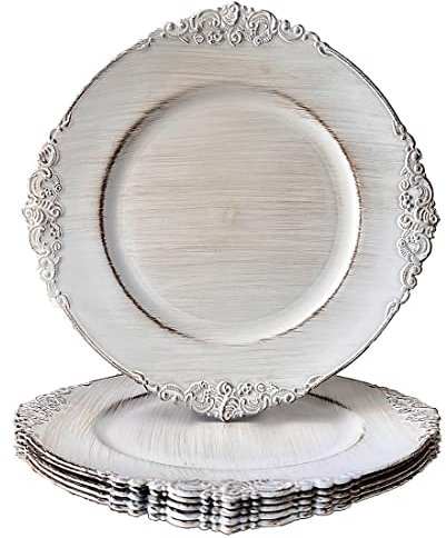 Umisriro Antique White Charger Plates, 13 Inch Embossed Chargers for Dinner Plates. Set of 6 Plastic Charger for Wedding, Party,Elegant Tableware Chargers Decoration.