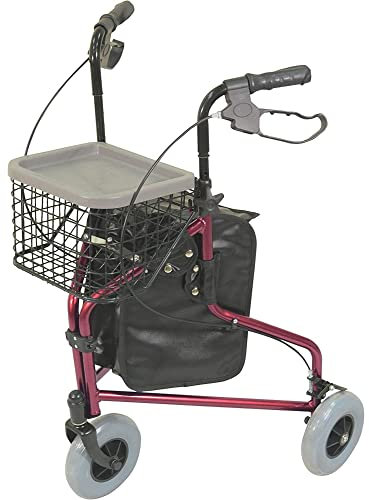 Aidapt Red Folding Light Weight Aluminium 3 Wheeled Tri Walker Rollator Mobility Aid with Carry Bag, Basket, Tray and Lockable Brakes for Indoor and Outdoor use.