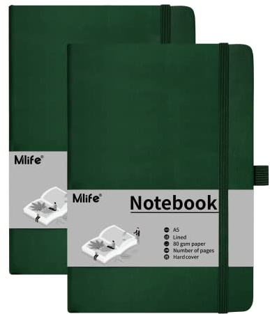 Mlife A5 Anteckningsbok, 2-Pack, 192 Sidor, 80 G/M² Tjockt Bläckresistent Papper, Anteckningsbok Med Hårt Polyuretanomslag, Innerficka, Elastiskt Band, Bullet Journal & Dagbok(Grön)