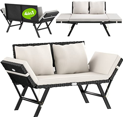 Casaria® Polyrattan Gartenbank mit Liegefunktion Auflage Kissen Verstellbare Armlehnen Wetterfest Draußen Garten Terrasse Balkon Bank Couch Liege Schwarz