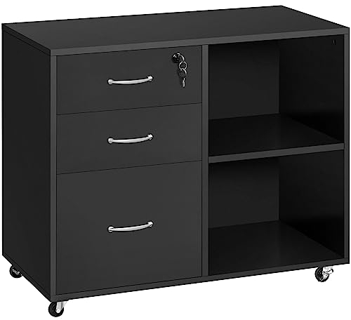 Yaheetech Rollcontainer, Aktenschrank, Büroschrank mit 5 Rollen, 3 Schubladen und 2 offenen Fächern, Industrie-Design, für Dokumente, Schwarz