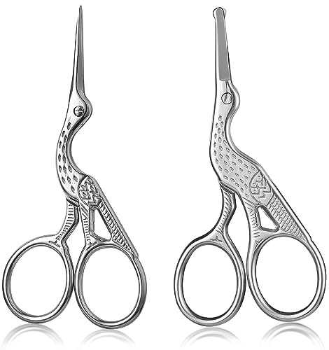 Lot de 2 paires de ciseaux cigogne incurvés et arrondis en acier inoxydable - Ciseaux de beauté professionnels pour sourcils, poils du visage, peau sèche, poils du nez