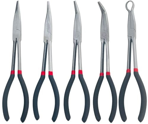 Socpuro 5Pcs Long Reach Pliers Set, 11 inch Long Needle Nose Pliers Set, 25° /45°/ 90° Bent Nose Pliers Long Reach Straight Plier O-Shape Spark Plug Plier for Narrow Spaces