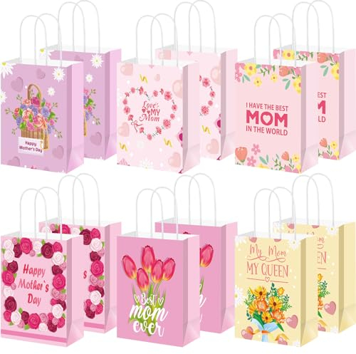 Affrolling 48 Stück Muttertag-Papiertüten Nelke Rosa Muttertag Mutter Motto Party Papier Geschenktüten mit Griff für Gastgeschenke Leckereien