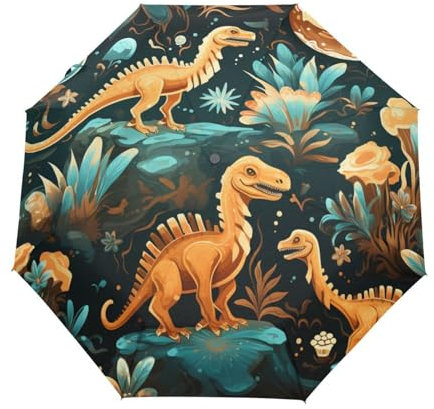 KAAVIYO Roségoldene Cartoon-Dinosaurier Regenschirm Auf-Zu Automatik Taschenschirm Winddichter Umbrella Klein Leicht Schirm Kompakt Schirme für Jungen Mädchen Reise Strand Frauen
