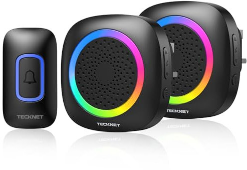 TECKNET Wireless Doorbell, Plug in Door Bells Wireless Cordless with 2 Receivers, IP66 Waterproof Wireless Door Chime Kit with RGB Light, 400M Wireless Range, 60 Chimes, 5 Volume Level (Black)