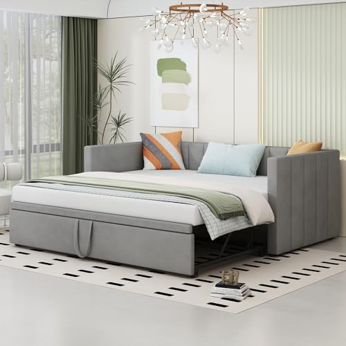 Zravenna Ausziehbett gleiche höhe 90/180x200 cm, Tagesbett Bett Ausziehbar zum Doppelbett, Polsterbett Samt mit Lattenrost Metall (Grau B)