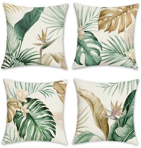 Bonhause 4er Set Kissenbezüge Tropische Blätter 45 x 45 cm Grün Braun Blätter Polyester Leinen Dekorative Kissenhülle Zierkissenbezüge für Sofa Garten Outdoor Dekoration
