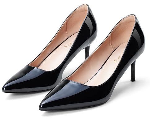 Elisabet Tang Kitten Heel Low Pumps 2.4 Inch Closed Pointed Toe Short Sexy Comfort Women Dressy Shoe at Work Office Date Prom Party Wedding Church Black Patent Size 8