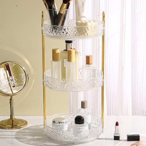 360° Drehbar Make Up Schminktisch Organizer 3 Tier Badezimmer Parfüm Kosmetik Lazy Susan Nagellack Aufbewahrung für Dresser Skincare, Transparent