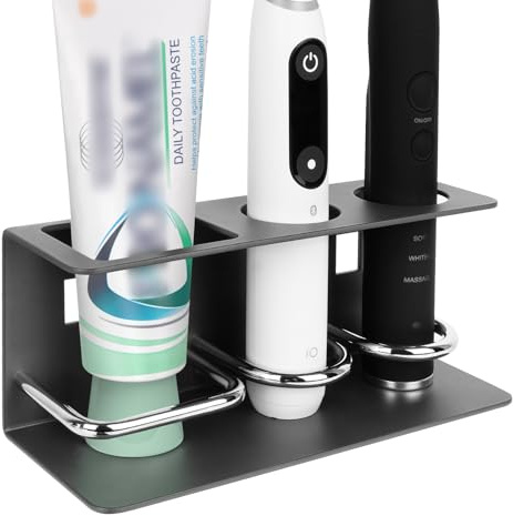 Linkidea Supporto da parete per spazzolino elettrico da bagno, in alluminio, autoadesivo, organizer per spazzolino da denti, compatibile con Oral-B serie iO, Philips Sonicare (Nero)